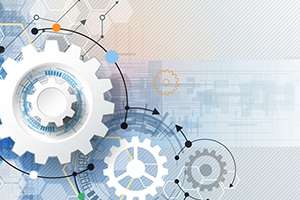 Vector illustration gear wheel, hexagons and circuit board.