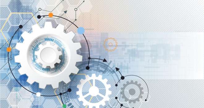 Vector illustration gear wheel, hexagons and circuit board.