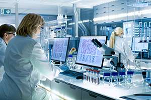 Female and Male Scientists Working on their Computers In Big Modern Laboratory. Various Shelves with Beakers, Chemicals and Different Technical Equipment is Visible.