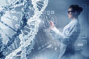 A scientist in a lab coat examines a DNA structure, analyzing its intricate details and unraveling its genetic mysteries