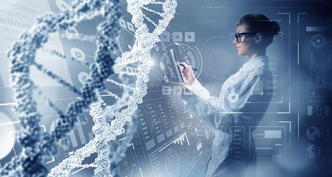 A scientist in a lab coat examines a DNA structure, analyzing its intricate details and unraveling its genetic mysteries