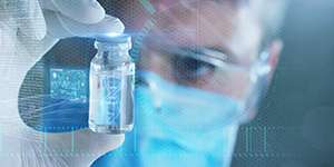 A futuristic doctor with syringe picks up the DNA from a test tube and appears a hologram of a patient's DNA.